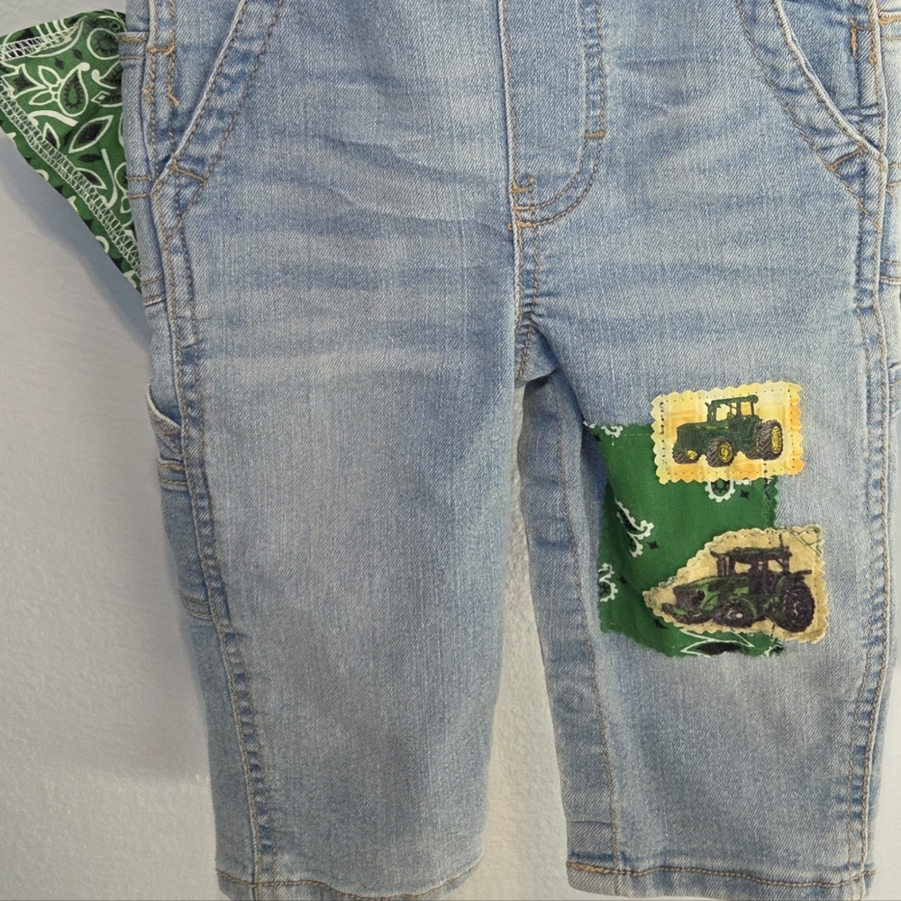 OshKosh B'gosh NWOT Blue Denim Overalls John Deer Green Tractor Patches 12 Month - Picture 8 of 10